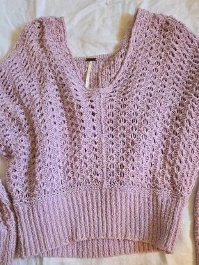 Free People Pastel Lavender Open-Knit V-Neck Sweater